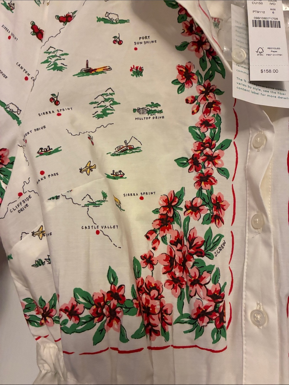J. Crew Cream Shirt Dress with Red Floral Trim and Green Accents - Picture 5 of 10